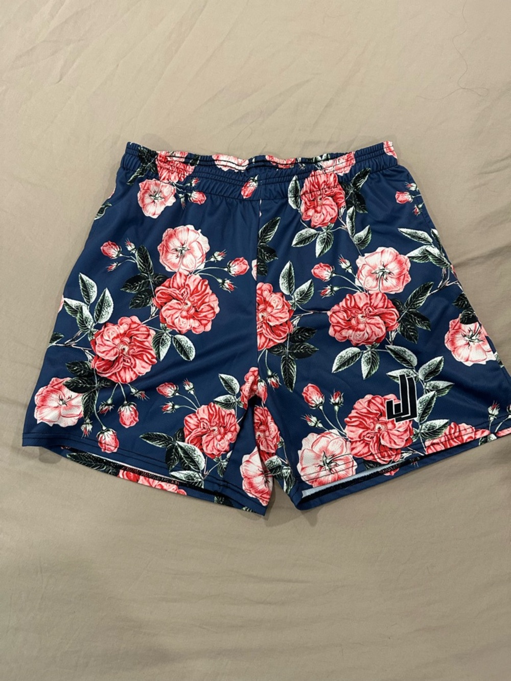 Navy Floral Athletic Mesh Shorts with Pink Roses